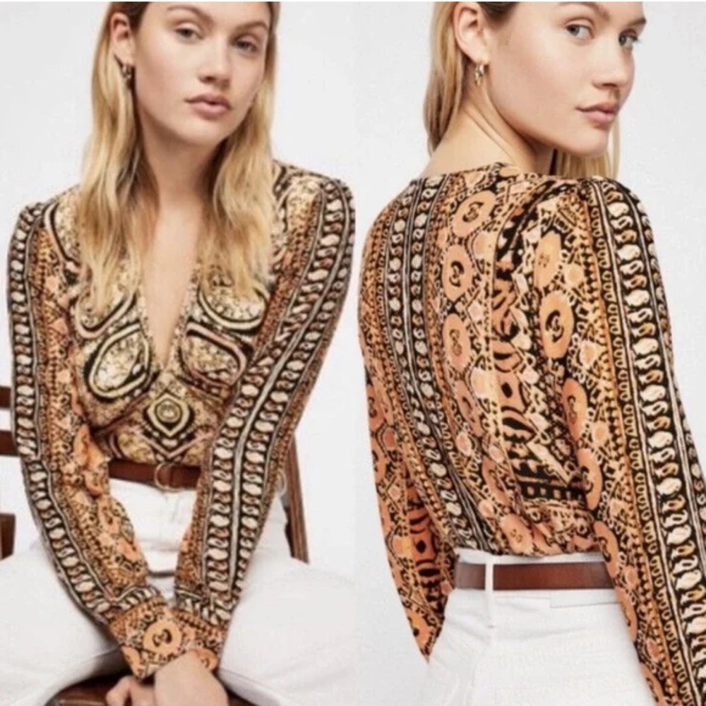 FREE PEOPLE Wild Printed Black Combo Orange Bohemian Chic Long Sleeve Top Shirt
